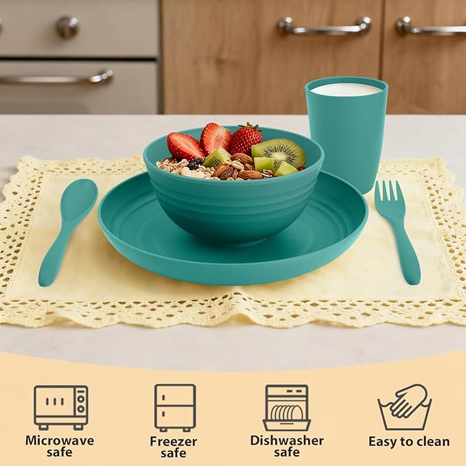 Wheat Straw Dinnerware Sets for 4, 20 PCS Unbreakable Lightweight Kids Plates and Bowls Sets, Dishwasher Microwave Safe Dinnerware Set, Perfect for Kitchen Dorm Camping Outdoor - Green