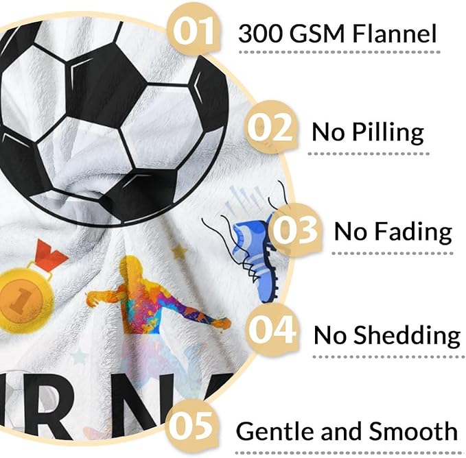 Personalized Soccer Blanket for Kids - 40x50 Inches Small Size - Soft Fuzzy Cozy Throws Gifts for Soccer Players - Colorful Sports Throw Blanket for Couch, Living Room & Office