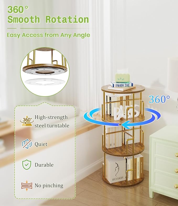 3 Tier Rotating Bookshelf Tower Round Gold,37” Floor Standing Spinning Bookshelf Tower Anti-Tipping Design,Metal & Wood Revolving Bookcase Stackable Space Saving for Small Spaces,Study,Living Room