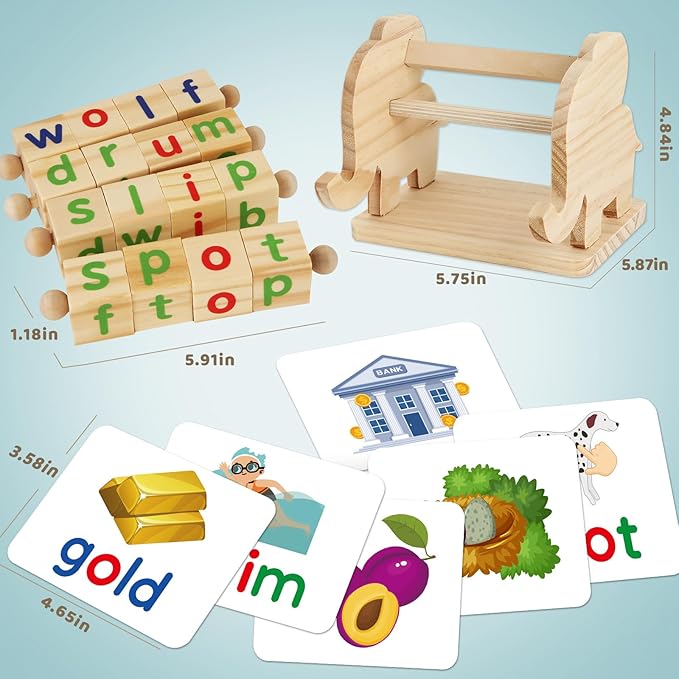 Montessori Learning and Educational Toys Gifts for Kids 3 4 5 Years, Wooden Reading Blocks Toys, Preschool Kindergarten Learning Activities, Turning Rotating Matching Flash Card Games