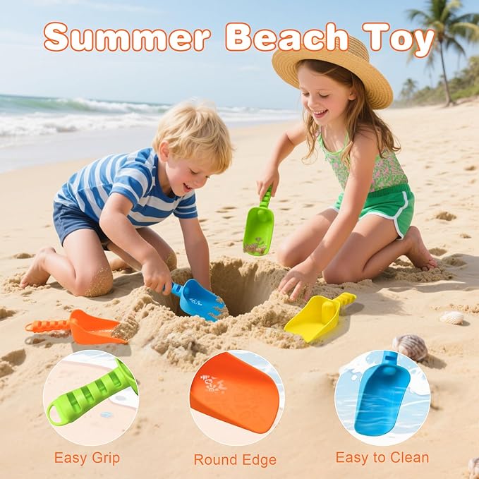 Sand Beach Shovels for Kids Heavy Duty Plastic Summer Sand Scoops Toy 4 Pack (Blue, Green, Yellow, Orange) Sandbox Garden Digging Play Gift Set Party Bundle-8.3inch