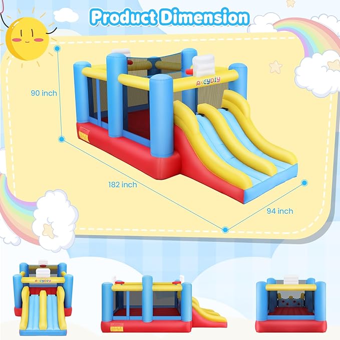 AKEYDIY Inflatable Bounce House with Dual Racing Slides – Large Bounce Area, Basketball Hoop, Removable Volleyball Net | Heavy-Duty for Outdoor Fun | Includes 550W Blower Kids Party