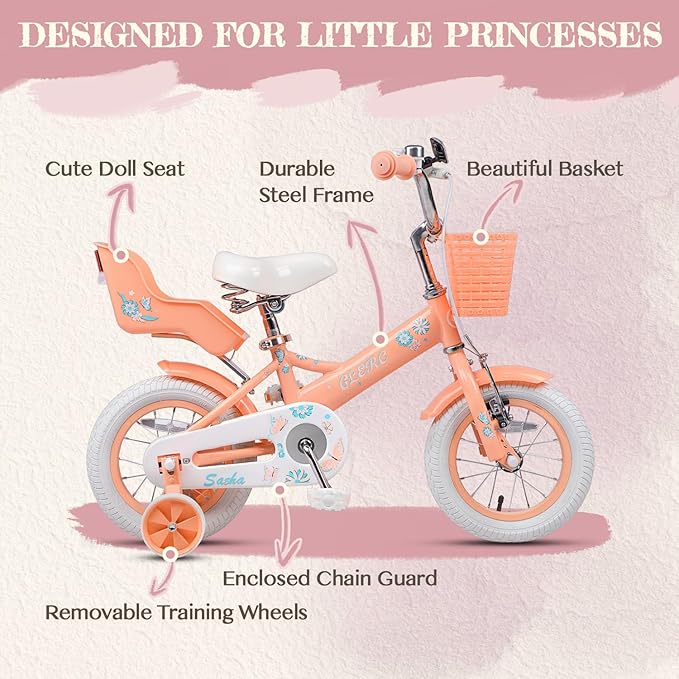 Glerc Sasha Girls Bike, 12-20 Inch Kids Bike for Children Ages 2-13 Years, Kids Bicycle with Doll-Seat & Basket & Training Wheels, Multiple Colors