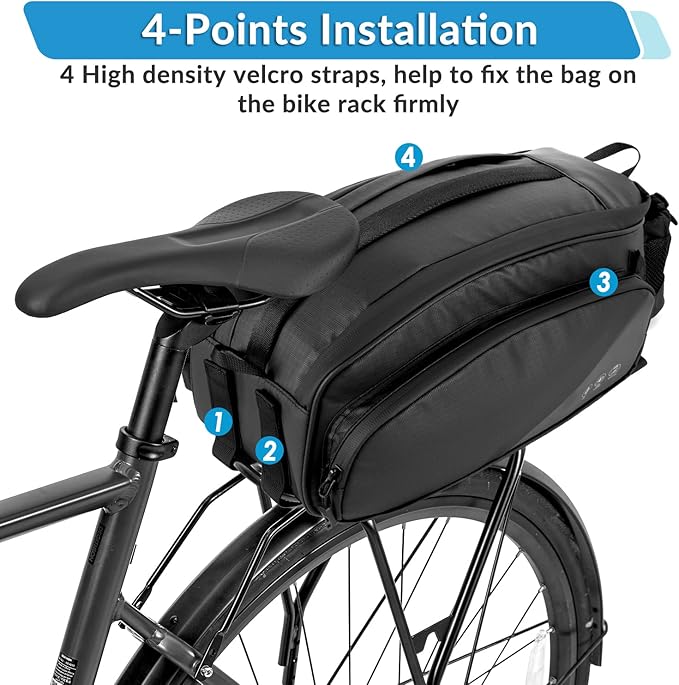 WOTOW Rear Rack Bag, 12L Waterproof Reflective Bicycle Trunk Bag, Cycling Rear Seat Carrier Backseat Storage Luggage with Water Bottle Holder, Shoulder Strap for MTB Bike E-Bike