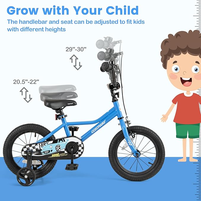 COSTWAY 12/14/16/18 Inch Kids Bike, Boys & Girls Training Bike w/Removable Training Wheels, Pneumatic Tires, Adjustable Handlebar & Seat, Dual Brake System, Children Toddler Bicycle for 3-8 Years Old