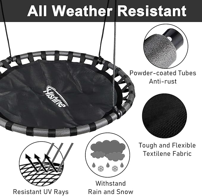 43 inch Black Saucer Tree Swing for Kids,Flying Round Swing Waterproof and All-Weather Resistant,PP Mat,Adjustable Strong Ropes,Easy to Install,Outdoor Playground Backyard