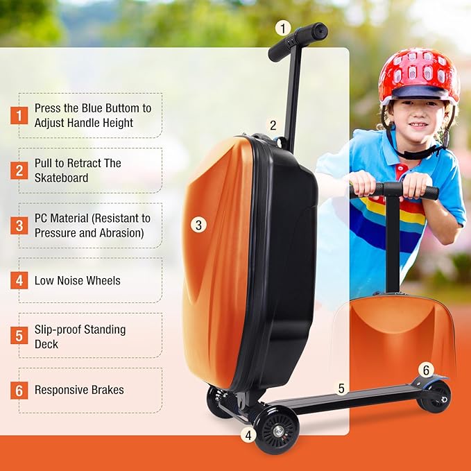 20" Scooter Suitcase for Kids, 2-in-1 Ride On Luggage with Wheels for Boys & Girls Ages 4-15, Foldable Hardshell Carry On Lightweight Travel Suitcase for Airplane (No LED, Orange)