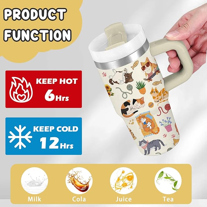 Cat Gifts for Girls - 14oz Cute Cats Kids Tumbler with Handle and Straw, Stainless Steel Insulated Water Cup, Leak Proof, for Sport, School, Travel - Funny Cat Lovers Children Birthday Gifts Cups(1pc)