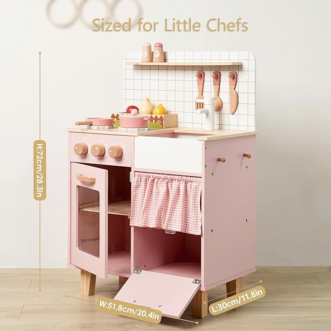 Pink Wooden Play Kitchen with Realistic Features & Accessories, Pretend Cooking Toy for Kids 3+, Ideal Gift for Toddler Boy and Girls