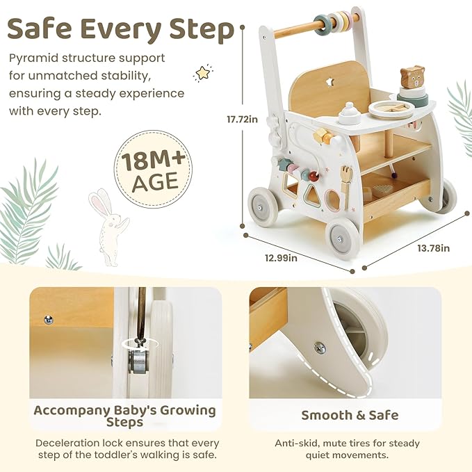 labebe Wooden Baby Walker, Baby Push Walker Doll Stroller, Push Activity Walker for Kids 18M+, Adjustable Speed Learning Walking with Wheels, Birthday Gift for Girls Boys Ages 1-3