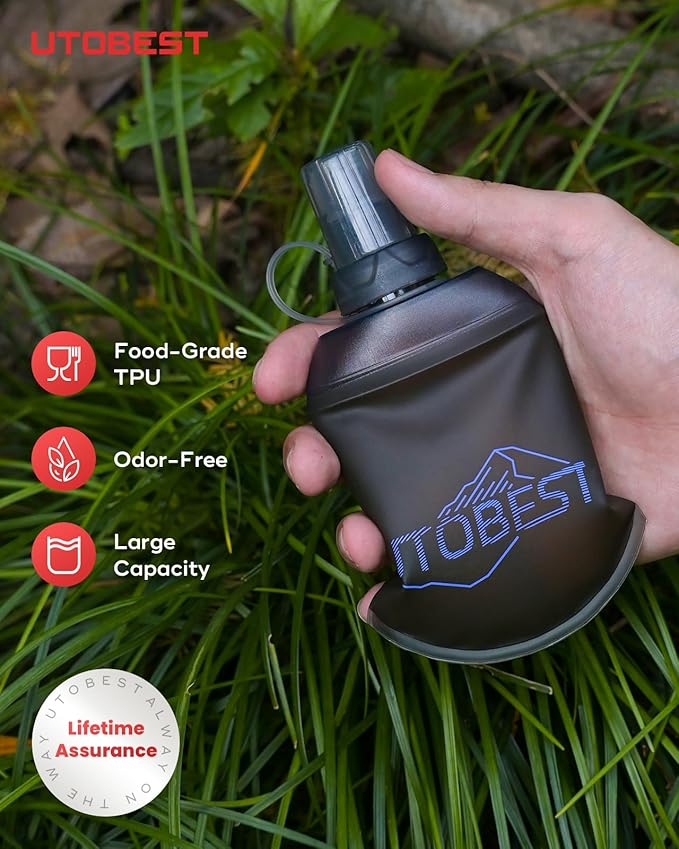 UTOBEST 150ml Soft Flask, 2 Pack Flexible TPU Hydration Water Bottle, Collapsible with 28mm Caliber for Running, Hiking, Cycling, Climbing, and Marathon Purple