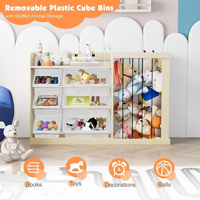 Naches Kids Toy Organizer and 4-Tier Montessori Bookshelf with 6 Bins, 3-in-1 Toy Shelves and Stuffed Animal Storage for Playroom, Nursery, Baby Room (Burlywood)