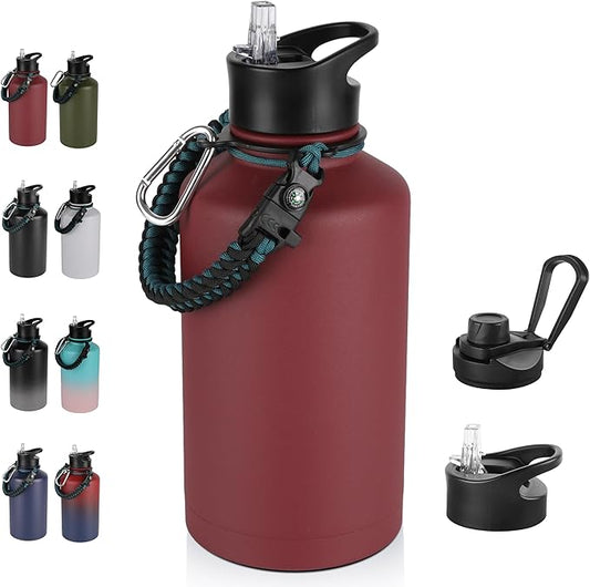 64 oz Insulated Water Bottle with Straw & Spout Lids, Stainless Steel Metal Half Gallon Water Jug with Paracord Handle, Double Wall Vacuum, Leakproof, Keep Drinks Cold & Hot, Brick Red