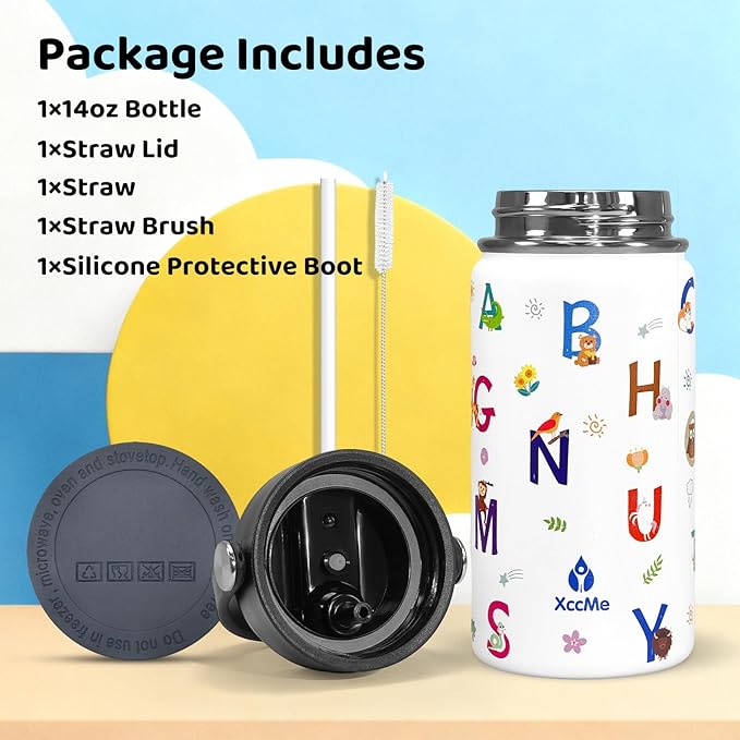 Alphabet Kids Water Bottle With Straw Lid,14 oz Stainless Steel Travel Bottle,Double Wall Leak Proof Kids Cup,Insulated Tumbler for Toddlers,Metal Animal Bottle for School Boys Girls