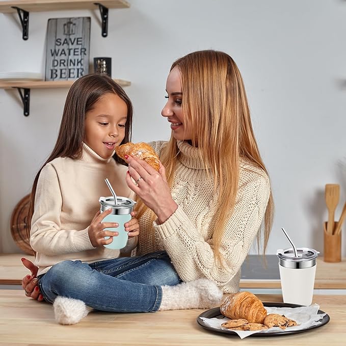 Ymmy Sam 2pcs Stainless Steel Cups with Lid and Straw,12oz Spill-proof Kids Tumblers, with Stainless Steel Straws Unbreakable Metal Cups with Heat-insulated Sleeves for Cold and Hot drinks