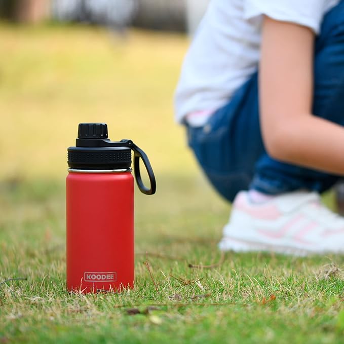 koodee Small 12 oz Stainless Steel Vacuum Insulated Wide Mouth Water Bottle with Leakproof Spout Lid (Canyon Red)