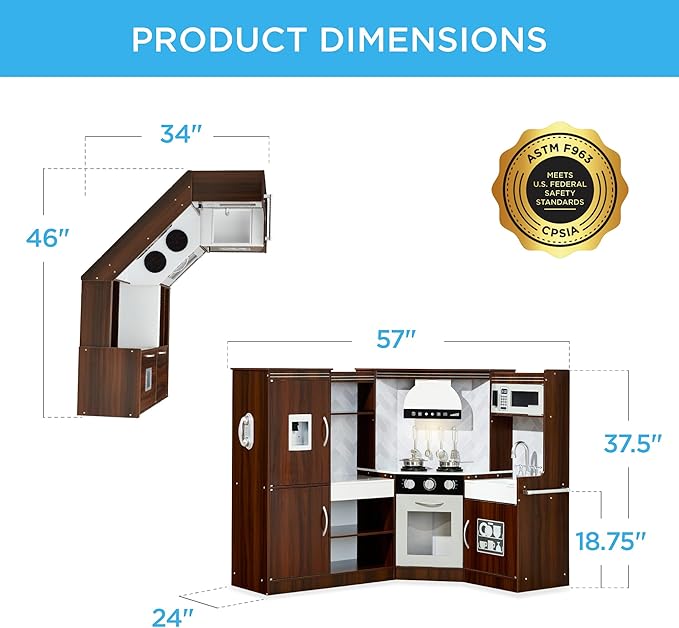 Best Choice Products Pretend Play Corner Kitchen, Ultimate Interactive Wooden Kids Playset w/Lights & Sounds, Ice Maker, Hood - Espresso