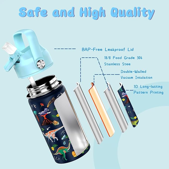 14oz Kids Insulated Water Bottle with Straw Lid - 18/8 Stainless Steel Kid Cup Travel Tumbler Double Wall Vacuum Leak Proof Portable Toddler Water Bottle (Game + Dinosaur)