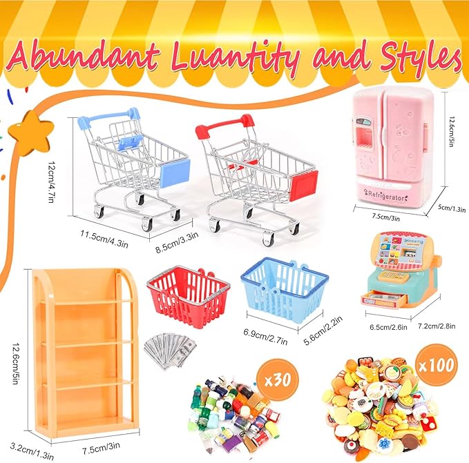 139 Pcs Mini Shopping Cart Basket Miniature Food Drink Toy Supermarket, Miniature Dollhouse Furniture and Accessories,Grocery Store Pretend Play,Doll House Refrigerator Mini Fridge Toy Mini Food Set