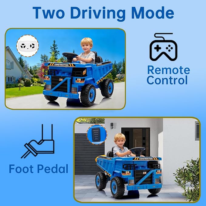 12V Ride On Construction Truck, Battery Powered Ride On Car with Remote Control, Kids Electric Vehicle with Shovel, Speaker, Blue