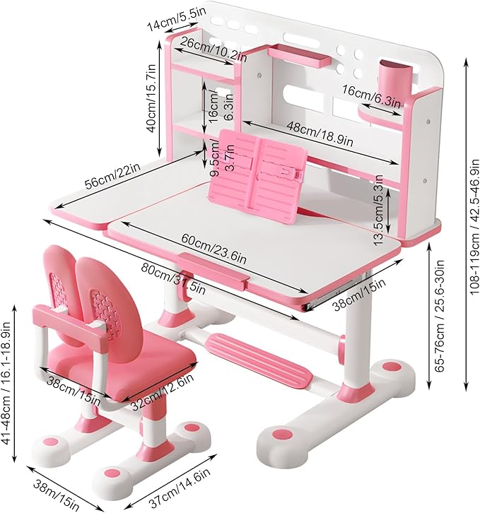 2025 Upgraded Kids Study Desk and Chair Set, 50 Degree Tiltable&Height Adjustable Kids Desk with Storage Drawers and Bookshelf (Pink-New 2)
