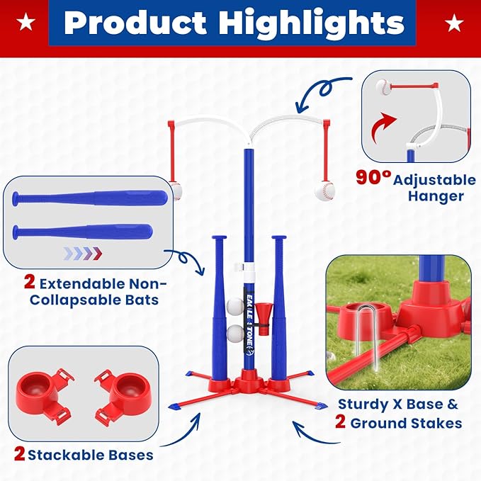 EagleStone 3-in-1 Toddler T Ball Set for Kids 3-5 5-8, 2 Baseball Bats, Adjustable Height Hanging Tee, Tball Batting Stand, Ball Launcher, Outdoor/Indoor Baseball Toys,Backyard Sports Gift