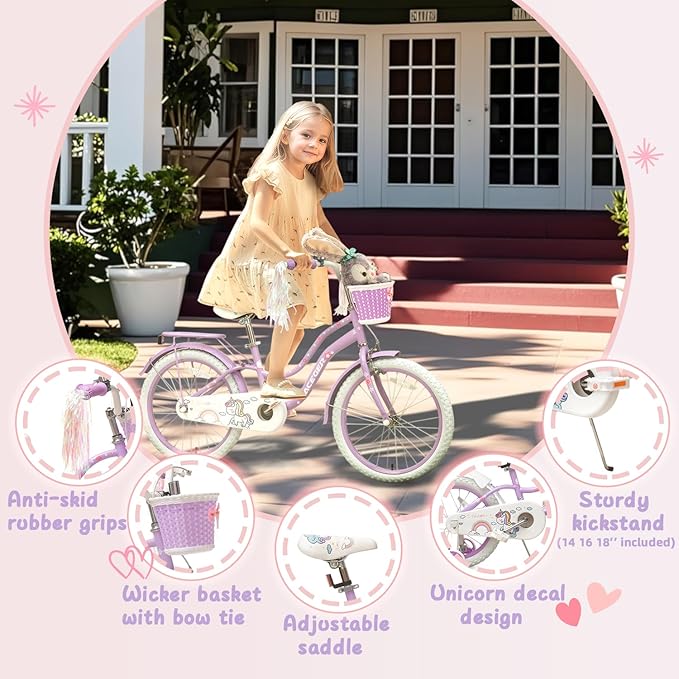 Princess Style Girls Bike with Basket for 2-13 Years Old Kids and Toddlers, 12 14 16 18 Inch Bicycle for Children with Training Wheels and Streamers, 20 Inch with Kickstand, Multiple Colors
