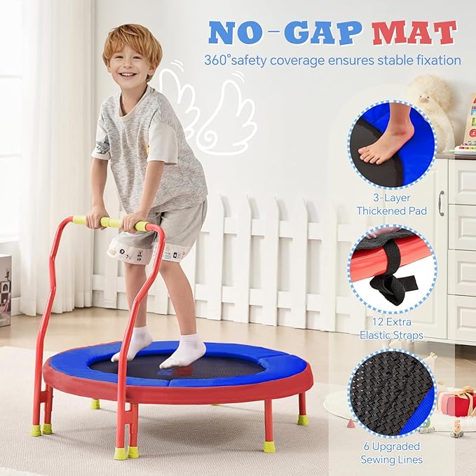 Mini Trampoline for Kids 3-6 with Super Safe Foam Handle Bar, 3ft Toddler Trampoline Indoor with No-Gap Cover for Indoor and Outdoor
