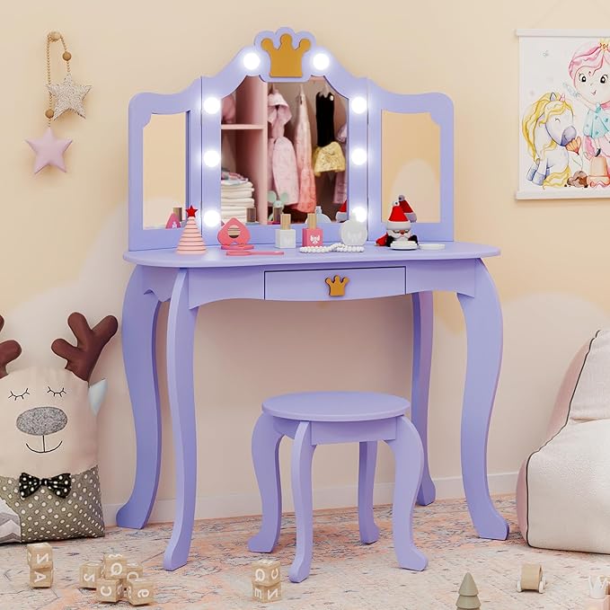 Costzon Kids Vanity with Lights, Girls Vanity Set with Mirror and Stool, Drawer, 2 in 1 Princess Makeup Desk Dressing Table, Kids Vanity Table and Chair Set, Violet