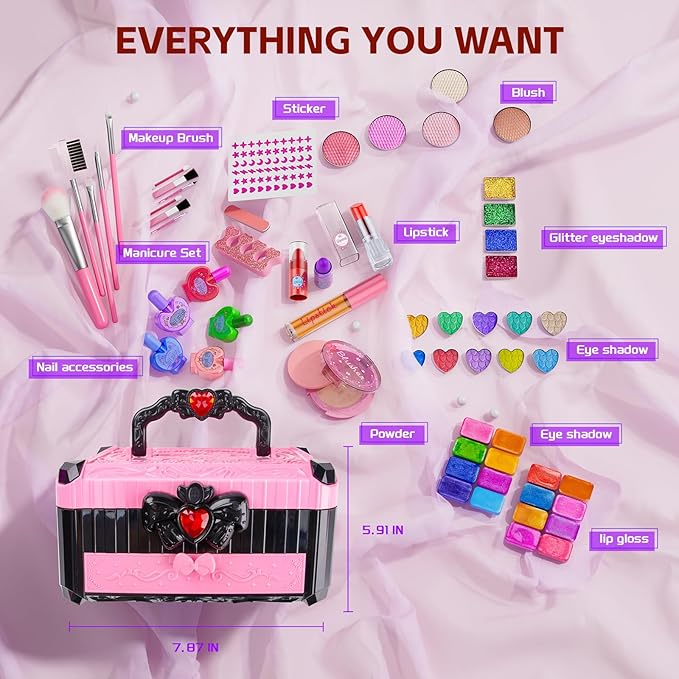 Kids Makeup Sets for Girls - Pretend Make Up Kits Real Washable Princess Toys with Mirror, Real Dressing Table with Stand Play Makeup Toys for 3 4 5 6 7 8-12 Year Old Girls Birthday & Christmas