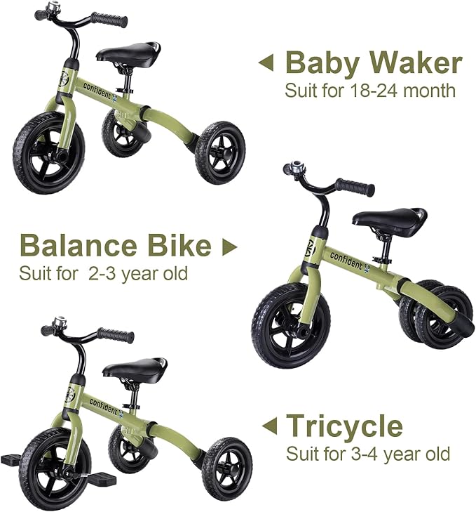 YGJT 3 in 1 Tricycle for Toddlers Age 2-5 Years Old, Folding Kids Balance Bike with Adjustable Seat and Removable Pedal, Toddler Bike Ride-on Toys for Infant, Gifts for Baby Boys Girls(Army Green)