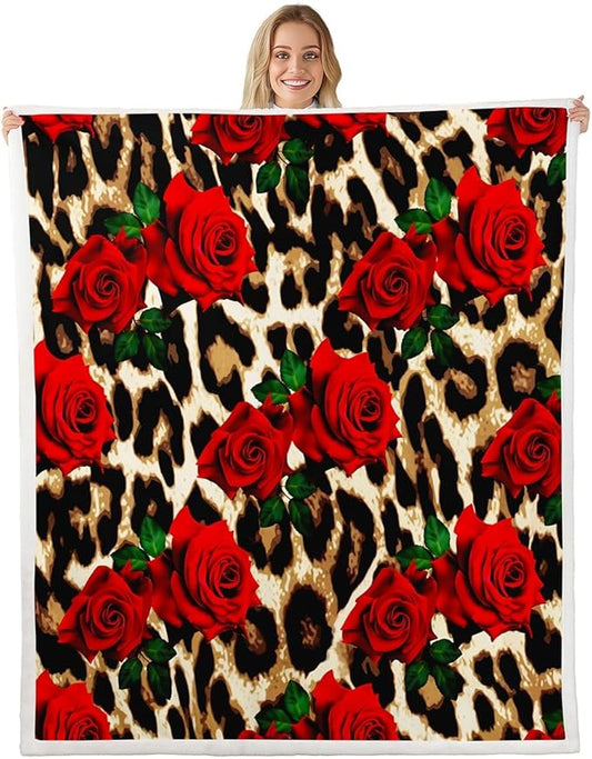 Leopard Print Fleece Throw Blanket Rose Flower Plush Blanket for Couch Bed Sofa Room Decor Red Floral Petal Pattern Sherpa Blanket Branches Green Leaf Cheetah Print Flannel Blanket 40x50 Inch