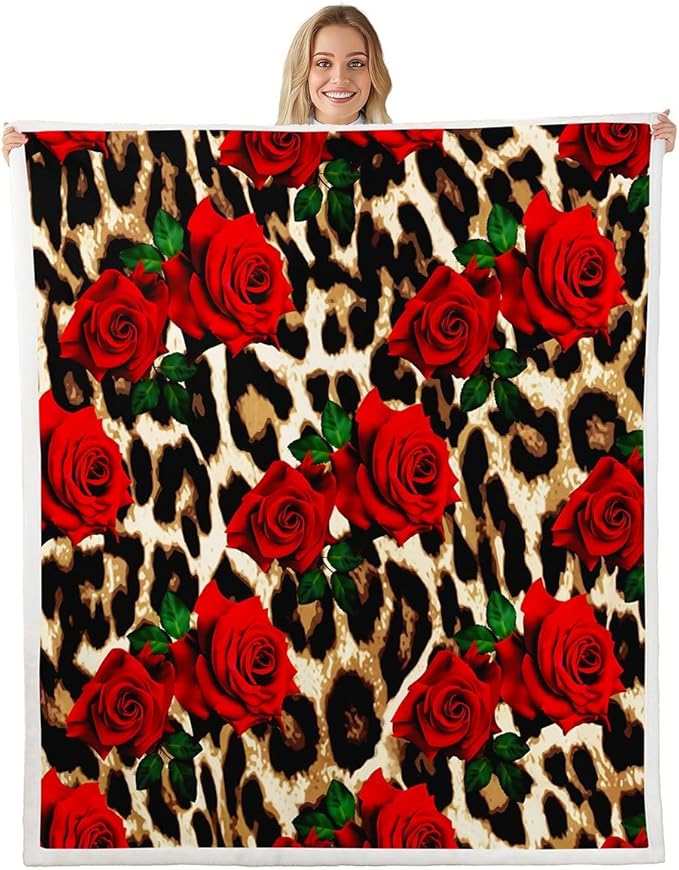 Leopard Print Fleece Throw Blanket Rose Flower Plush Blanket for Couch Bed Sofa Room Decor Red Floral Petal Pattern Sherpa Blanket Branches Green Leaf Cheetah Print Flannel Blanket Throw 50x60 Inch