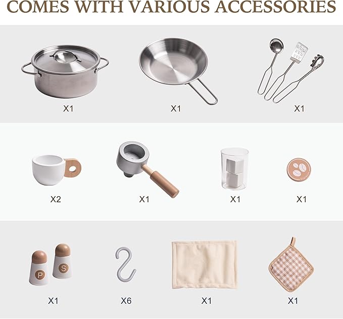 ROBUD Wooden Play Kitchen Set for Kids and Toddlers with Coffee Machine, Ice Maker, Microwave, Oven, Large Cabinet, 12 Accessories, Gift for 3+, White