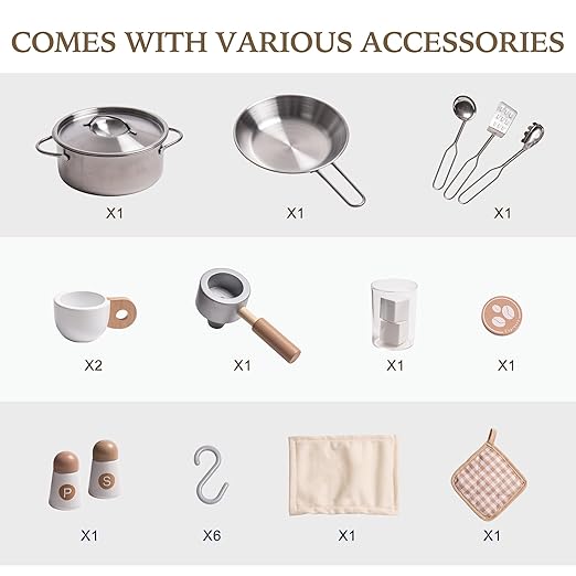 ROBOTIME Pretend Play Kitchen for Kids, Wooden Toy Kitchen with Ice Maker, Coffee Machine, Oven & Accessories – Fun Kitchen Set for Girls & Boys Age 3+