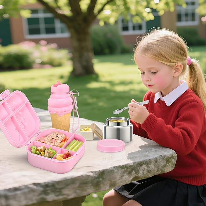 Dinosaur Lunch Box for Kids with Secret Compartment | 4 Compartments Bento Box + 12oz Insulated Food Jar | Leak-Proof Sauce Cup & Collapsible Spoon | BPA-Free, Dishwasher Safe(Grey+Grey Jar)