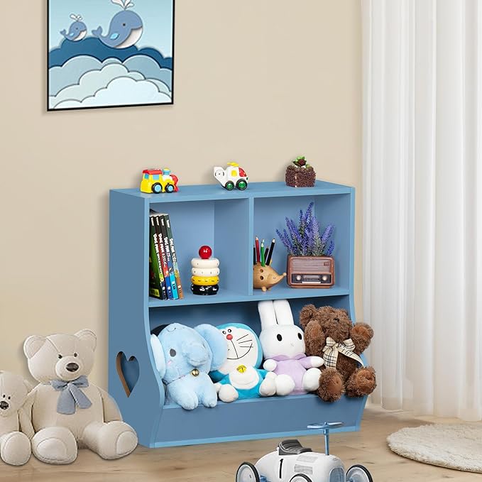 Lerliuo Baby Toddler Bookshelf and Storage Organizer, Kids Cabinet and Bookcase, Wooden 3 Cubby Children Book Shelf for Playroom, Bedroom, Nursery, School 23.62'' H (Blue)