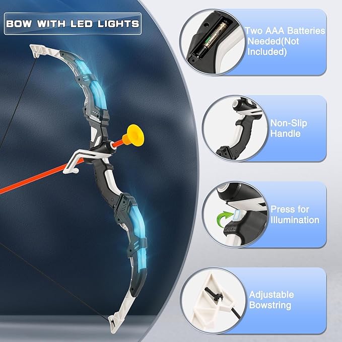 Bow and Arrow Set for Kids, 2-Pack LED Light Up Archery Set with 20 Suction Cup Arrows, Indoor and Outdoor Toy for Boys Girls Age 4-8 8-12 with Standing Target&2 Quivers, Birthday Gift 3-12 Years Old