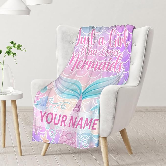 Personalized Mermaid Tail Blanket with Name - Soft, Fuzzy & Warm - 40"x50" Small Blanket for Couch, Sofa - Colorful Cute Throw Gifts for Girls