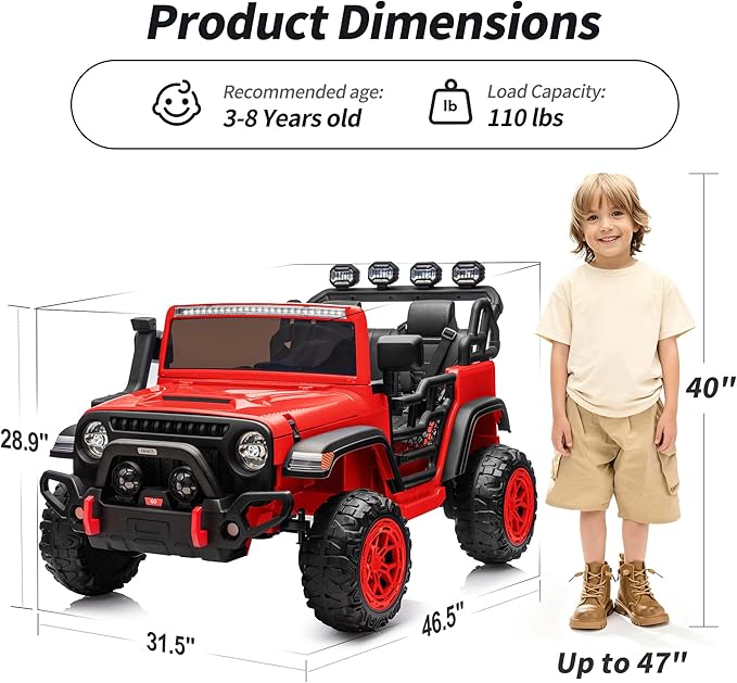 2 Seater Electric Ride on Car Truck, 24V 4x4 Ride on Toy for Kids 4-8 with Remote Control, EVA Tires - Red