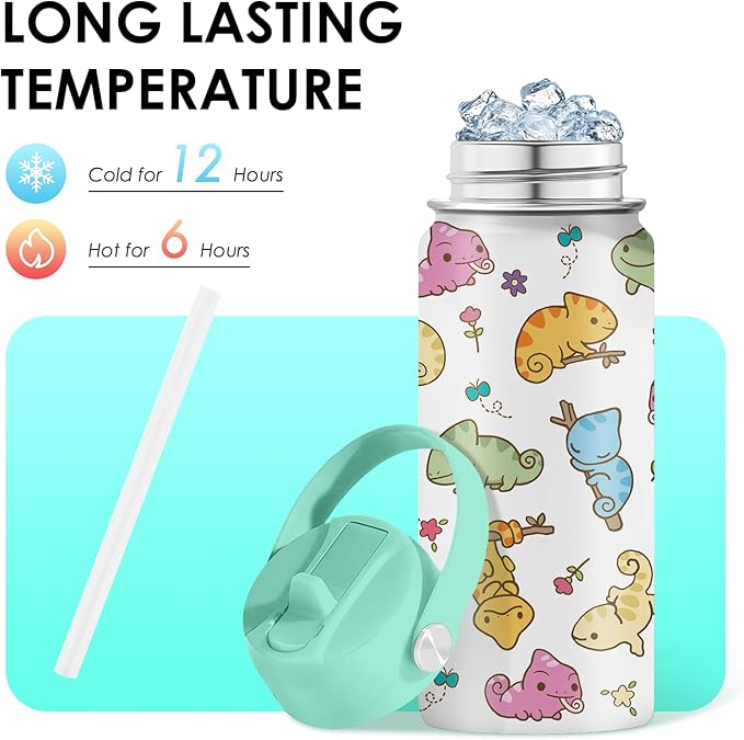 Axolotl Gifts for Girls - 16oz Green Axolotl Water Bottle with Straw Lid, Stainless Steel Insulated Tumbler, Leak Proof, for Boys, Sport, Travel, School - Animal Lovers Children Birthday Gift Cup(1pc)