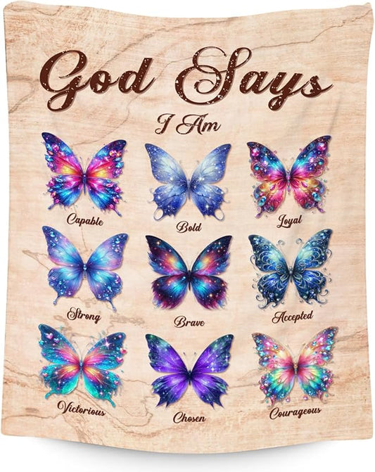 Butterfly Blanket Gifts for Women, Girls & Kids - God Says I Am Soft Fleece Fuzzy Throw for Living Room Bed - Inspirational Gift for Her & Daughter, 60"x80"