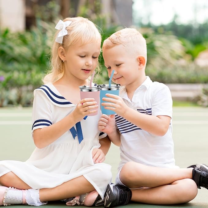 Stainless Steel Kids Cups with Lids and Straws Leakproof, 2 Pack 12oz Spill Proof Cups for Toddlers Kids Tumblers Unbreakable Sippy Cup with Straws for School, Outdoor (Blue & Pink)