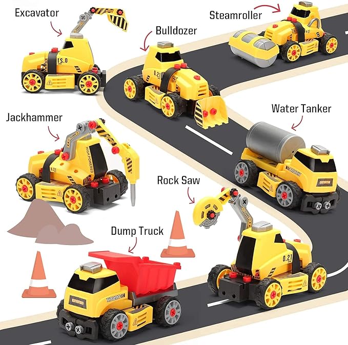 MOBIUS Toys 7-in-1 Take-Apart Truck Construction Set – STEM Building Toy w/Drill, Lights & Sounds – Buildable Dump Truck, Excavator & More - Educational Engineering Toy for Kids Ages 3–8