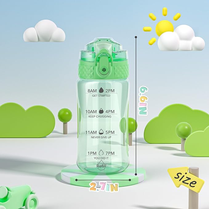 OLDLEY 12oz Kids Motivational Water Bottle for School Girls & Boys, Leak-Proof Tritan BPA-Free, Reusable Bottle with Silicone Straw, Pear