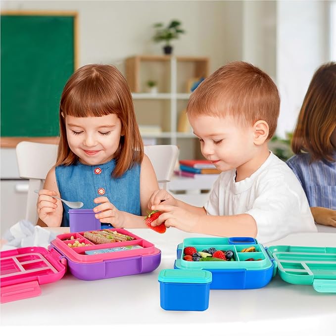 Caperci Bento Box for Kids - Large 4.8 Cups Lunch Box with Two Modular Containers - 4 Compartments, Leak-Proof, Portable Handle, Microwave/Dishwasher Safe, BPA-Free (Jungle Green/Blue)