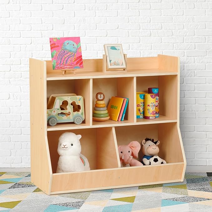 OOOK Montessori Toy Shelf, Toy Storage Shelves, Wooden Storage Cabinet, 5 Cubby Children Bookcase, Kids Bookshelf for Playroom, Nursery, Daycare, Preschool, Classroom Furniture