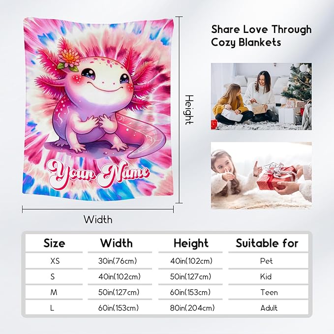 UNIKITTY Axolotl Blanket, Girls Blankets Gifts for Kids, Custom Tie Dye Throw for Toddlers, Personalized Cozy Fleece Throws for Sofa (4 Sizes)