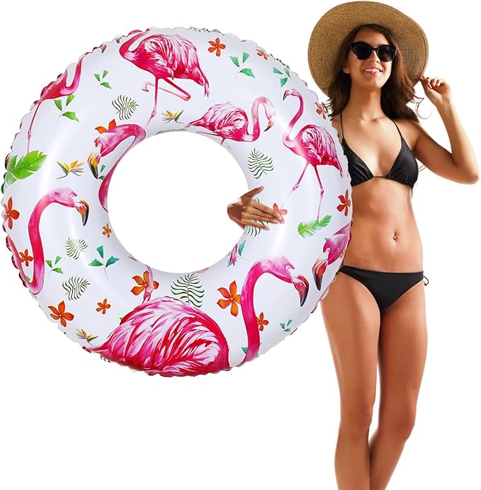 HeySplash Cartoon Swim Ring, Inflatable Durable Round Shaped Flamingo Summer Pool Beach Party Swimming Float Tube Water Fun Swim Pool Toys with Repair Patch for Adults,80cm Diameter, White+Pink/Yellow