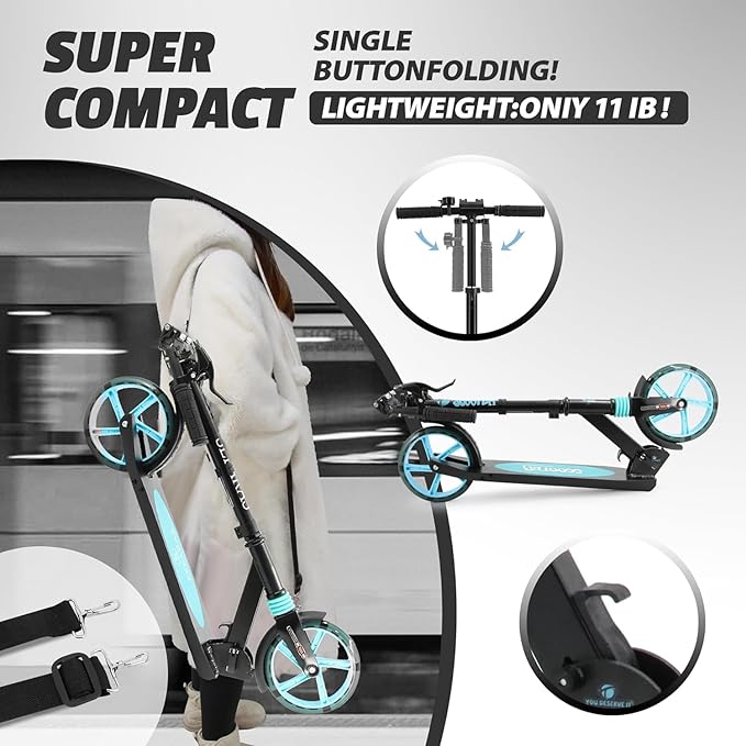 Scooter for Kids Ages 8+ Teens & Adults, Lightweight Kick Scooter with Carry Strap Adjustable Height Equipped with Front handbrake and Rear Brake, Big Sturdy PU Flash Wheels